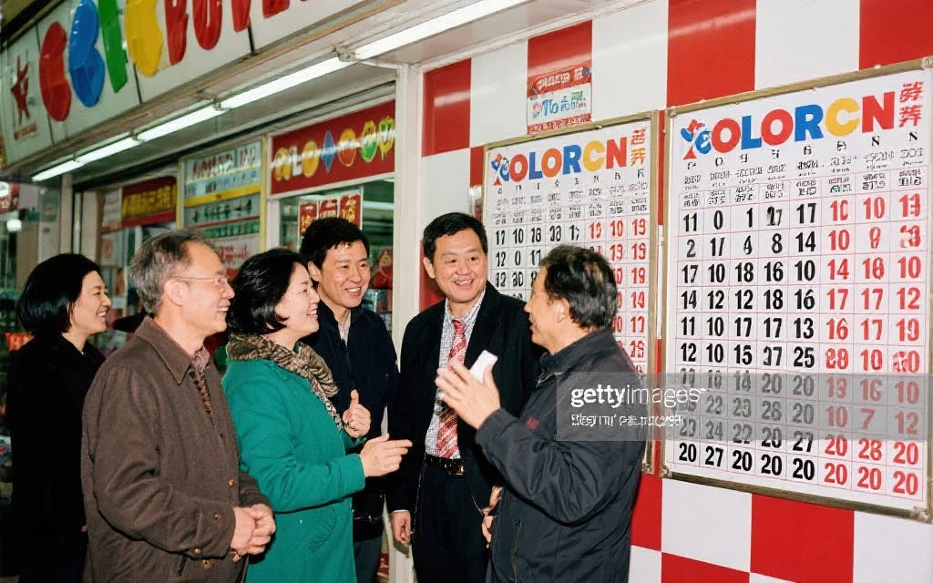 一群人在彩票店前讨论号码,墙上挂着双色球开奖公告,气氛轻松愉快