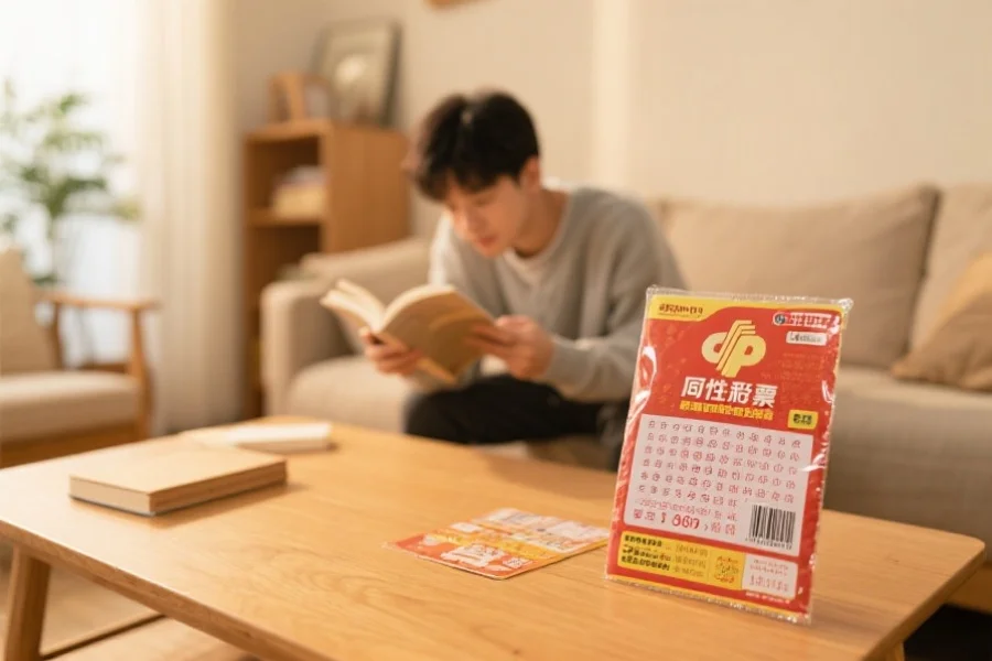 一个人在温馨客厅里阅读书籍,旁边放着未拆的彩票,展现健康生活与理性购彩的结合